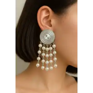 Gümüş Renk Taş Ve İnci Detaylı Tasarım Küpe (Çift)