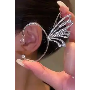 Gümüş Renk Taşlı Sallantılı Kanat Figürlü Kulak Aksesuarı (Tek)