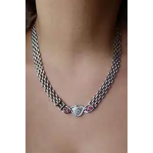 Gümüş Renk Taşlı Zincir Detaylı VİP YSX Kolye