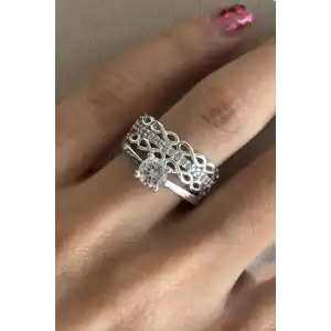 Gümüş Renk Tek Taş Detaylı Ayarlanabilir Yüzük