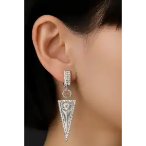 Gümüş Renk Üçgen Figürlü Taş Detaylı 14K Altın Kaplama TX Küpe (Çift)