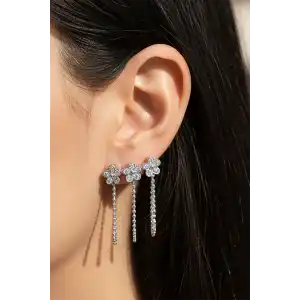 Gümüş Renk Üçlü Delik Görünümlü 14k Altın Kaplama Küpe (Çift)