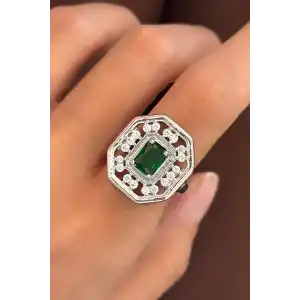 Gümüş Renk Yeşil Taş Detaylı Ayarlanabilir Yüzük
