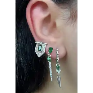 Gümüş Renk Yeşil Taş Detaylı VİP 3lü YSX Küpe Set