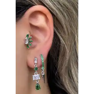 Gümüş Renk Yeşil Taş Detaylı VİP 3lü YSX Küpe Set