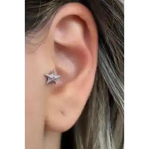 Gümüş Renk Yıldız Figürlü Çelik Tragus/Kıkırdak Küpe/Piercing (Tek)