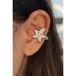 Gümüş Renk Yıldız Figürlü Çift Taraflı 14K Altın Kaplama Ear Cuff (Tek)