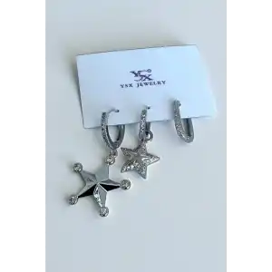 Gümüş Renk Yıldız Figürlü Taş Detaylı 3lü YSX Küpe Set