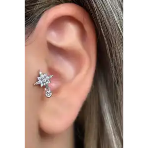 Gümüş Renk Yıldız Figürlü Taş Detaylı Çelik Tragus/Kıkırdak Küpe/Piercing (Tek)