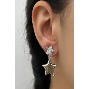 Gümüş Renk Yıldız Figürlü Taş Detaylı YSX Küpe (Çift)