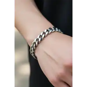 Gümüş Renk Zincir Detaylı Çelik Erkek Bileklik