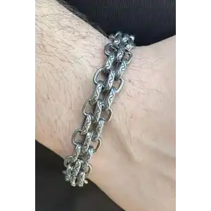 Gümüş Renk Zincir Detaylı Erkek Çelik Bileklik