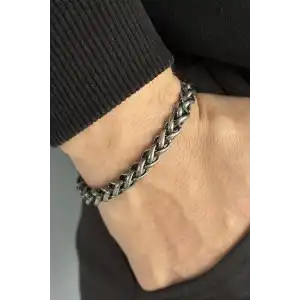 Gümüş Renk Zincir Detaylı Erkek Çelik Bileklik