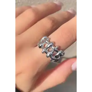 Gümüş Renk Zincir Detaylı Metal Ayarlanabilir Yüzük