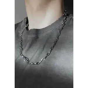 Gümüş Renk Zincir Detaylı Unisex Çelik Kolye