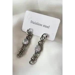 Gümüş Renk Zincir Figürlü Taş Detaylı Çelik Küpe (Çift)