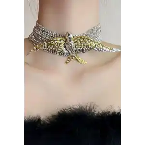 Gümüş Ve Altın Renk Anka Kuş Figürlü Taş Detaylı VİP Tasarım Kolye