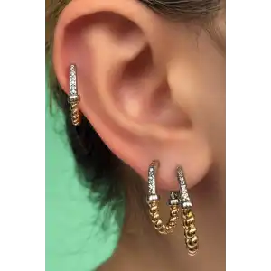 Gümüş Ve Altın Renk Taş Detaylı 3lü YSX Küpe Set