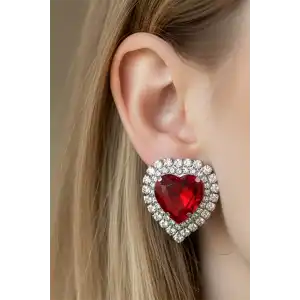 Gümüş ve Kırmızı Renk Kalp Figürlü Taşlı Abiye Küpe Kına/Gelin Küpe (Çift)