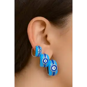 Gümüş Ve Mavi Renk Nazar Boncuk Figürlü 3lü YSX Küpe Set