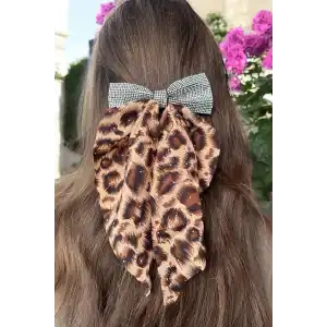 Kahve Renk Leopar Desenli Taş Detaylı Otomat Toka