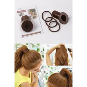 Kahverengi Hacimli At Kuyruğu Yapma Aparatı Ve Lastik Toka Set