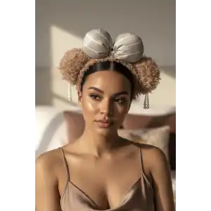 Kahverengi Kurdele Detaylı İnci Sallantılı Peluş Taç