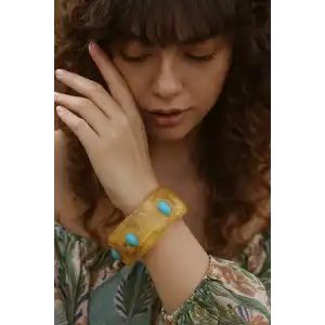 Kahverengi Ve Mavi Renk Taş Detaylı Kalın Kemik Mika Bileklik