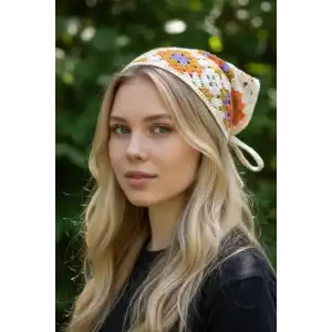 Karışık Renk Çiçek Desenli Örgü Bandana
