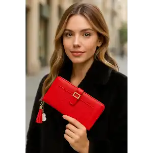 Kırmızı Renk Deri Kadın Cüzdan