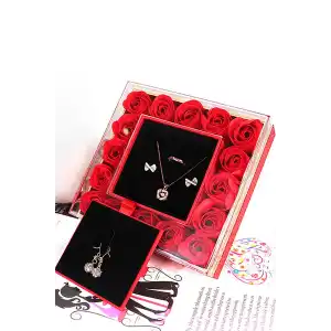 Kırmızı Renk Gül Detaylı Yüzük/Kolye/Küpe Kutusu