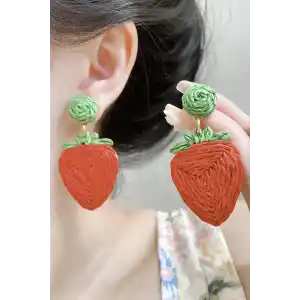 Kırmızı Ve Yeşil Renk Çilek Figürlü Küpe (Çift)