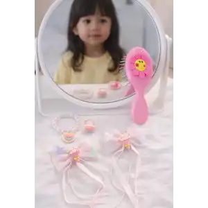 Koyu Pembe Renk Çocuk Tarak,Bileklik,Yüzük Ve Toka Set