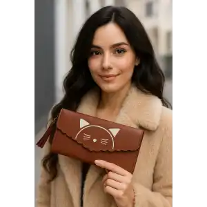 Koyu Pembe Renk Kedi Figürlü Deri Kadın Cüzdan