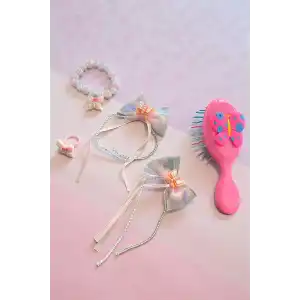 Koyu Pembe Renk Kelebek Figürlü Tarak /Bileklik /Yüzük Ve Toka Set