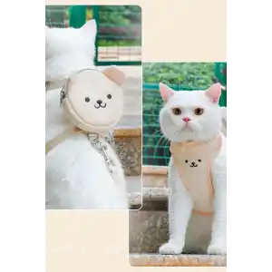 Krem Renk Ayıcık Figürlü Çanta Detaylı Bel Göğüs Ayarlanabilir Kedi/Köpek Tasma