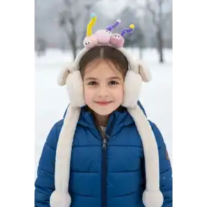 Krem Renk Canavar Figürlü Kulakları Oynayan Peluş Kulaklık
