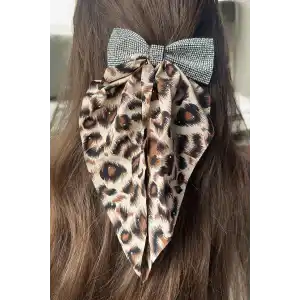 Krem Renk Leopar Desenli Taş Detaylı Otomat Toka