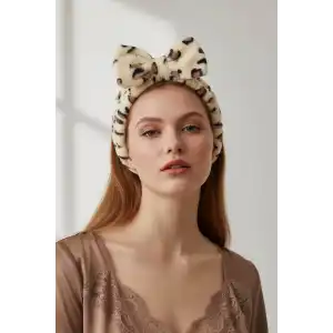 Krem Ve Kahve Renk Kurdele Figürlü Leopar Desenli Peluş Saç Bandı