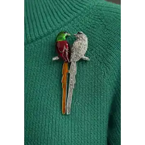 Kuş Figürlü Taşlı Broş