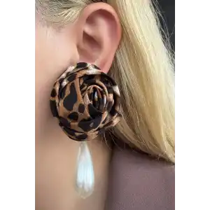 Leopar Desenli İnci Detaylı Sallantılı Tasarım Küpe (Çift)