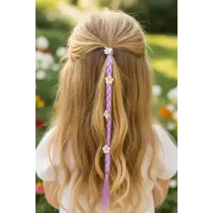 Lila Renk Çiçek Figürlü Saç Detaylı Lastik Toka
