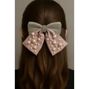 Lila Renk Kurdele Figürlü İnci Ve Taş Detaylı Otomat Toka