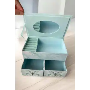 Mavi Renk Ayna Detaylı Bölmeli Çekmeceli Takı Organizeri