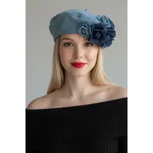 Mavi Renk Çiçek Figürlü Kot Tasarım Şapka