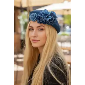 Mavi Renk Çiçek Figürlü Kot Tasarım Şapka