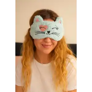Mavi Renk Kedi Figürlü Peluş Uyku Bandı