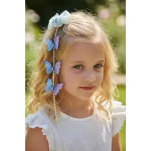 Mavi Renk Kelebek Figürlü İnci Detaylı Çocuk Yan Toka