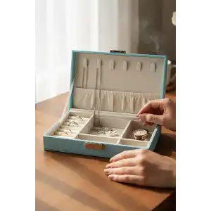 Mavi Renk Kilitli Deri Takı Organizeri