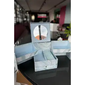 Mavi Renk Kutulu Ayna Detaylı Takı Organizer